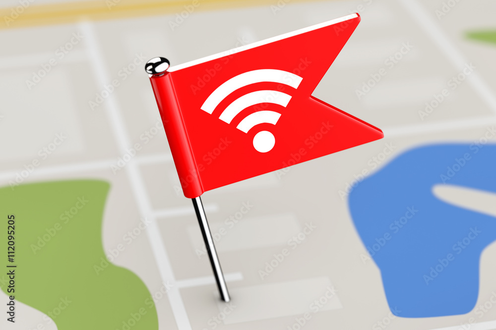 Poster Red Flag with Wi-Fi Icon on Map Background. 3d Rendering
