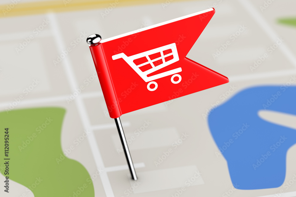 Poster Red Flag with Shopping Cart Icon on Map Background. 3d Rendering