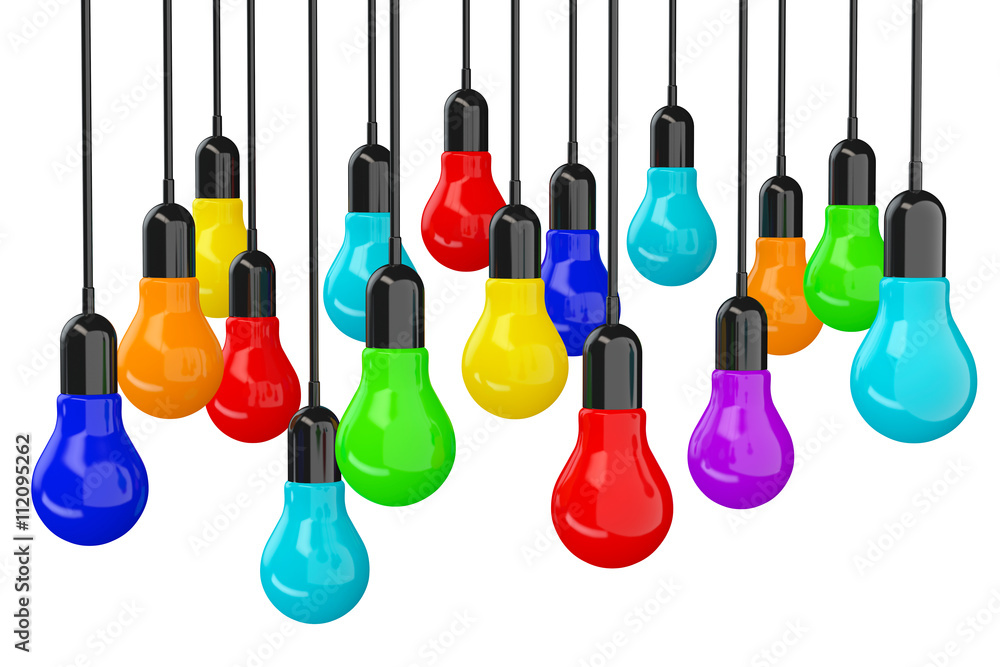 Aufkleber ideas concept. many colourful light bulbs. 3d rendering