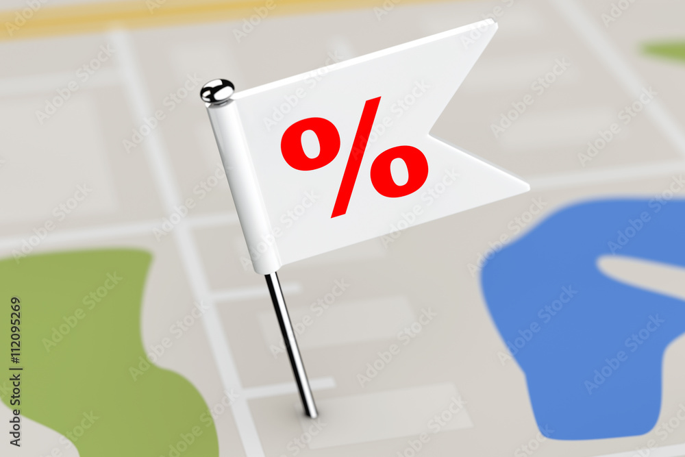 Poster Red Flag with Percent Discount Sign on Map Background. 3d Render