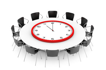 Chairs around a Table with Clock in the middle. 3d Rendering