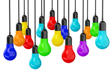 Ideas Concept. Many colourful Light Bulbs. 3d Rendering