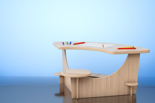 Wooden Study Kid Desk with Pencils and Picture Paper. 3d renderi