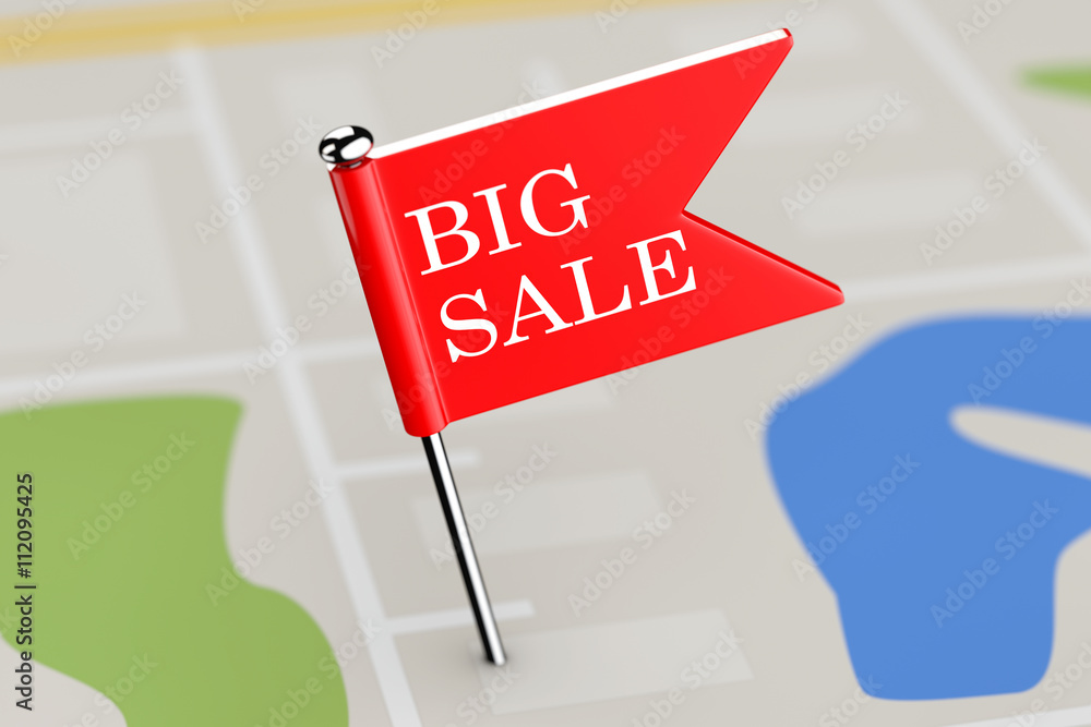 Poster Red Flag with Big Sale Sign on Map Background. 3d Rendering