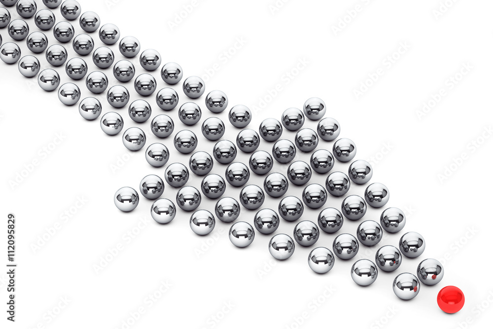 Poster arrow made from chrome sphere with red in front. 3d rendering
