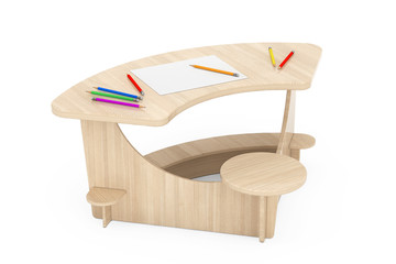 Wooden Study Kid Desk with Pencils and Picture Paper. 3d Renderi