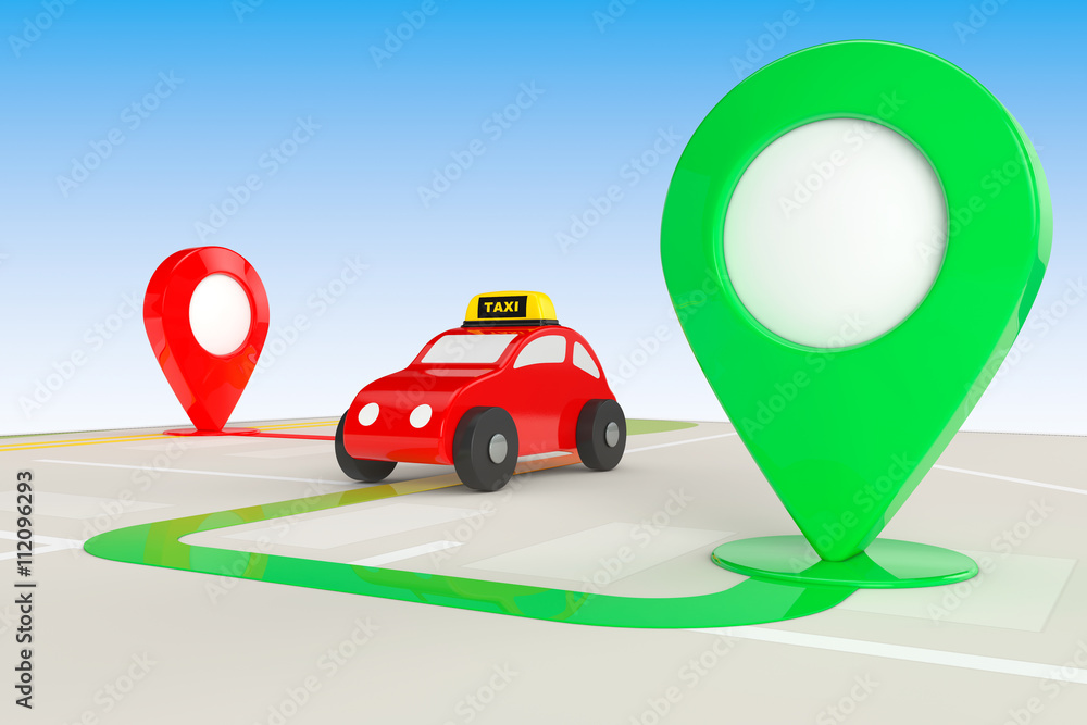 Poster taxi order concept. toy taxi from above of abstract navigation m