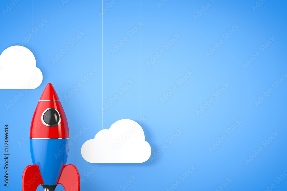 Poster toy rocket with clouds. 3d rendering