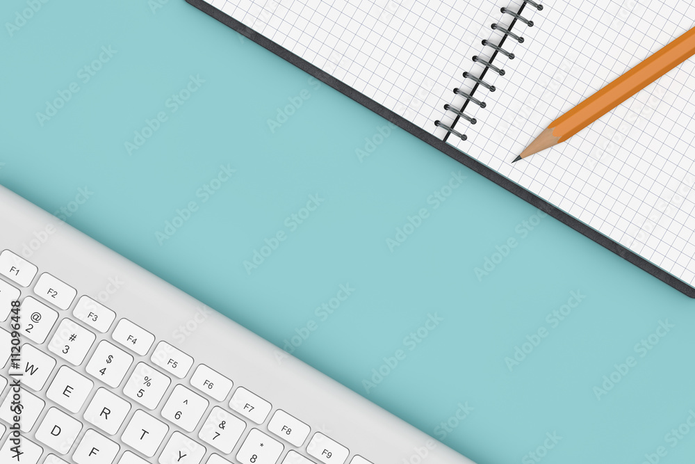 Aufkleber Office Table with Keyboard, Notepad and Pencil. 3d Rendering