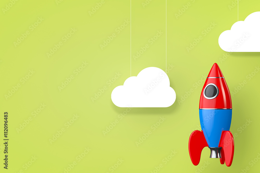 Poster toy rocket with clouds. 3d rendering