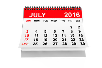 Calendar July 2016. 3d rendering