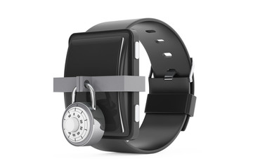 Security Concept. Smartwatch with Combination Padlock. 3d Render