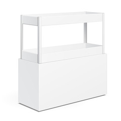 White Square POS POI Cardboard Floor Display Rack For Supermarket Blank Empty Displays With Shelves Products On White Background Isolated. Ready For Your Design. Product Packing. Vector EPS10