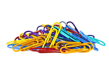 Bunch of colorful paper clips isolated on white background