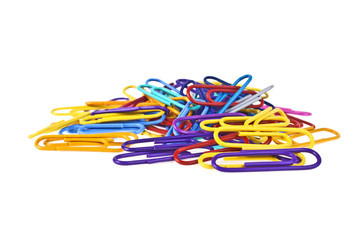 Bunch of colorful paper clips isolated on white background