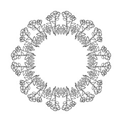 Round decorative flower and grass frame. Stylized botanical pattern, hand-drawn. Vector illustration.