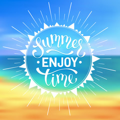 Naklejka premium Enjoy summer time wording. Bright summer time lettering design. Enjoy summer greeting card concept.