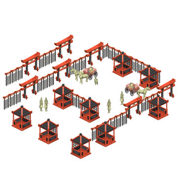 Scene creator, Chinese pavilions, soldiers, carts