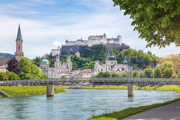 Salzburg Stadt with Salzach river and Hohensalzburg Castle, Salzburg, Austria - obrazy, fototapety, plakaty