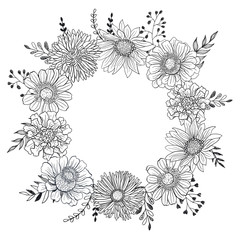 Greeting card template with flowers hand drawn black on white background. Decorative doodle frame from flowers for coloring books.