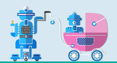 Robot with robot baby in a stroller. Flat design icon set. Vector illustration