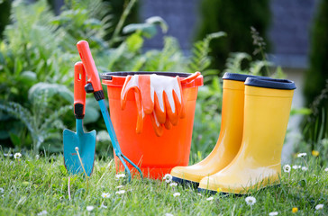 Gardening tools in courtyard