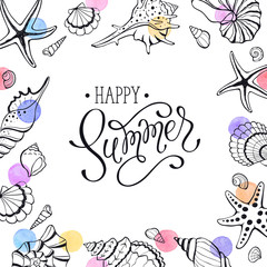 Happy summer greeting card with seashells on white background. Square frame from hand drawn sea shells and stars.