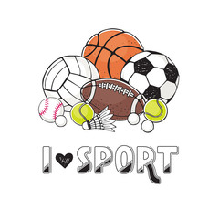 I love sport illustration. Collection of vector sport ball. Soccer, volleyball, basketball, rugby balls set. Hand drawn balls isolated on white background.