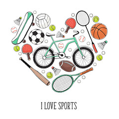 Collection of vector sport equipment. I love sports illustration. Hand drawn sport balls, rackets, bycicle isolated on white background.