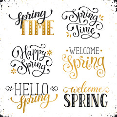 Hand written Spring time phrases in white and gold. Greeting card text templates isolated on white background. Welcome Spring lettering in modern calligraphy style. Hello Spring wording.