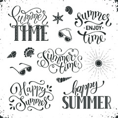 Happy summer lettering design. Enjoy summer greeting card template. Summer time wording collection isolated on white background.