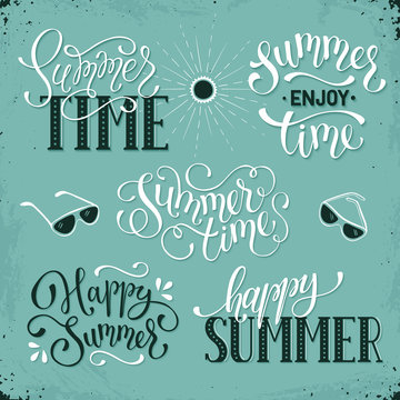 Happy summer lettering design. Enjoy summer greeting card template. Summer time wording collection on retro background.