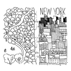 Hand drawn illustration of Central Park in NY