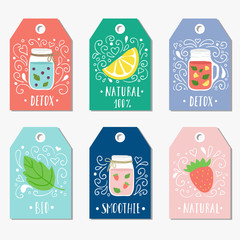 Fototapeta premium Stickers, labels, cards, tags with doodle illustrations of smooties and fruit.