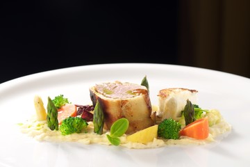 Veal fillet with vegetable ratatouille, parsnip puree, asparagus