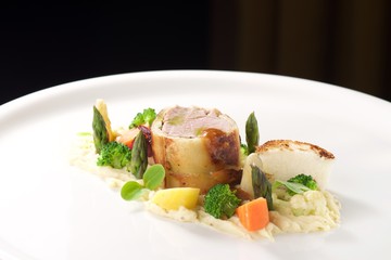 Veal fillet with vegetable ratatouille, parsnip puree, asparagus