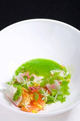 Haute cuisine, River Trout Pouched in the Wine, Under spinach sauce and caviar