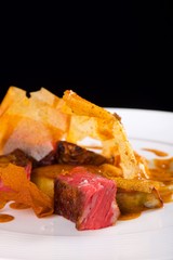 Fine dining, Beef ribs with Foie Gras and Jerusalem artichoke chips