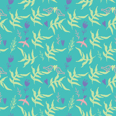 Sky blue seamless pattern with flowers and birds