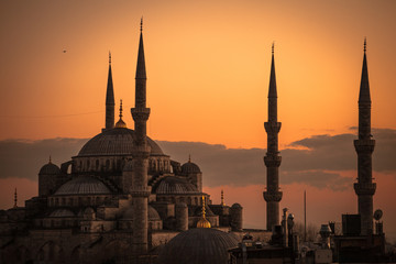Mosquée bleue teinte au soleil couchant