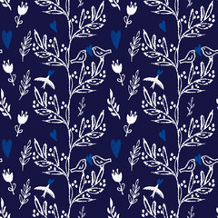 Dark blue seamless pattern flowers and birds