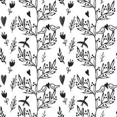 Materiał do szycia Black seamless pattern with weed flowers and birds