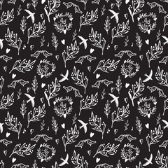 Black seamless pattern with weed flowers and birds