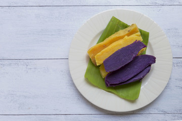 Steam sweet potato on banana leaf 