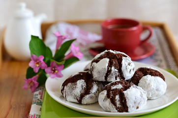 chocolate cakes in powdered sugar