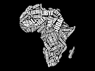 African countries Map in Typography word cloud concept, names of countries
