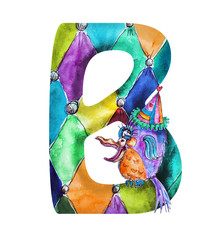 Font B Watercolor hand drawn  isolated bird in party hat 