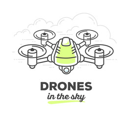 Vector illustration of creative drone with text on white backgro