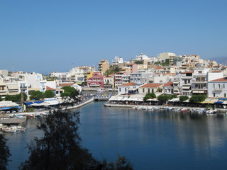 Fototapeta na wymiar Port Town Agios Nikolaos , Gulf of Mirabello, Lashiti, Crete, Greece / View of Lake Voulismeni in Port Town Agios Nikolaos