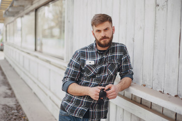 Fototapeta premium Man with gadget and glasses